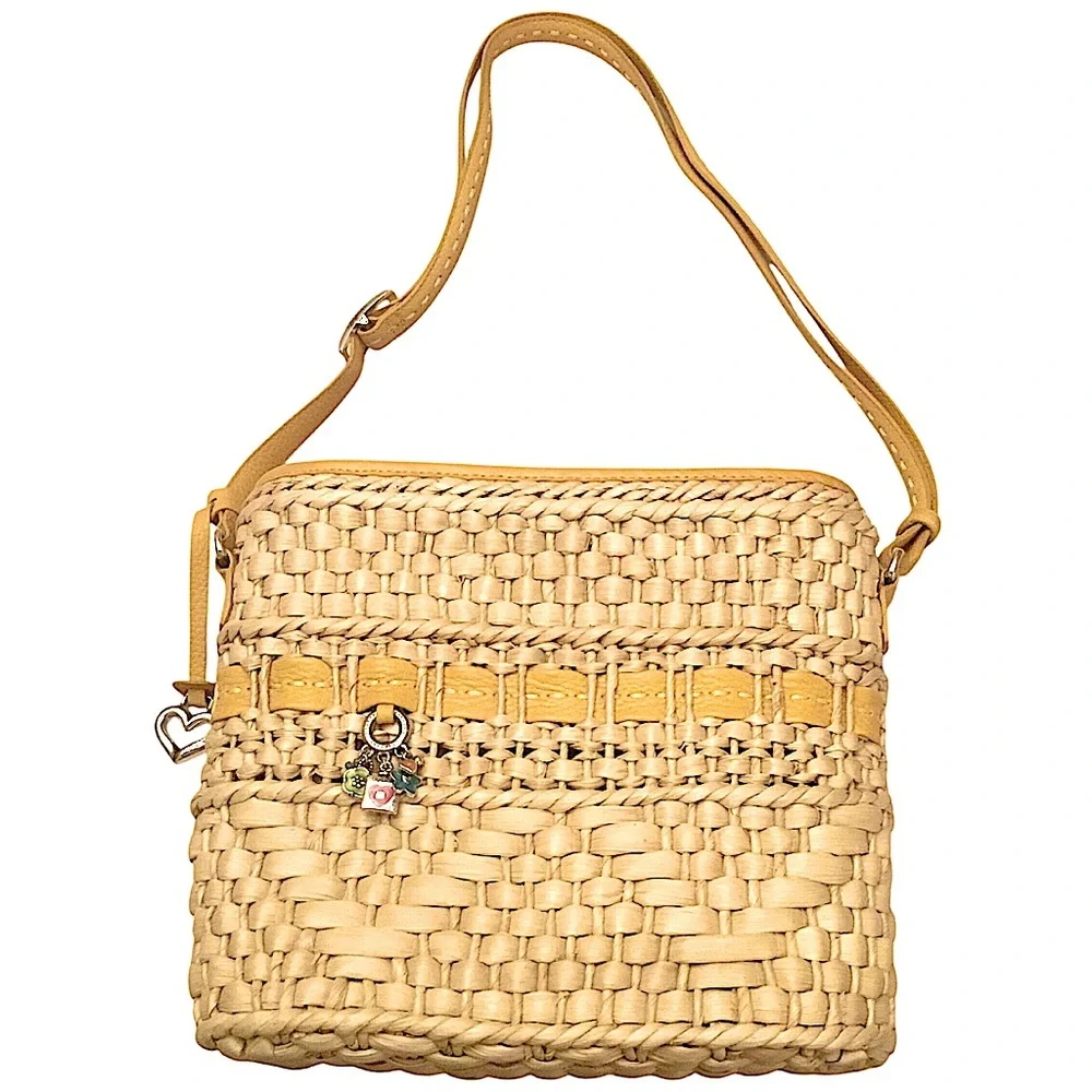 Brighton Carmella Straw Crossbody Yellow Leather Trim Medium Bucket Shoulder Bag